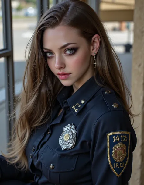 best quality, high resolution, a beautiful girl with police uniform, big breast, swarthy skin color, plump lip, high detail, moderne, realism, cinema lighting, UHD, retina, accurate, textured skin, Great detail, high details, high quality, prime, best qual...