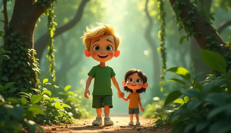 Max, s, male, doodle style gold hair, grey eyes, Pixar 3D style, green t-shirt, green shorts, white sneakers, in a dense jungle with tall trees and vines, walking excitedly and looking around with his family.