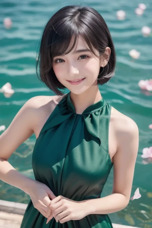 Beautiful and delicate portrait of a playful pretty girl with a short masculine hairstyle,  black hair, an emerald green sea,  mischievous smile , Dancing petals, ( top quality, Masterpiece,   ultra-realistic  )  flower petals floating in the background 