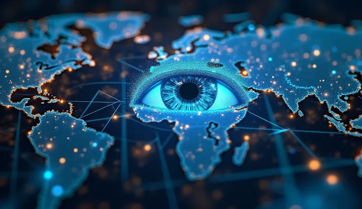 AI Analyzing Complex Data Networks, An AI described as a digital eye that is analyzing complex data networks connected around the world. Jaringan data terlihat seperti light cable  yang saling terhubung,  Digital Eye ,  global data network , light cable , ...