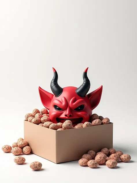 White background, without background, a box full of Setsubun beans in the center of the campus, and a red demon mask next to it