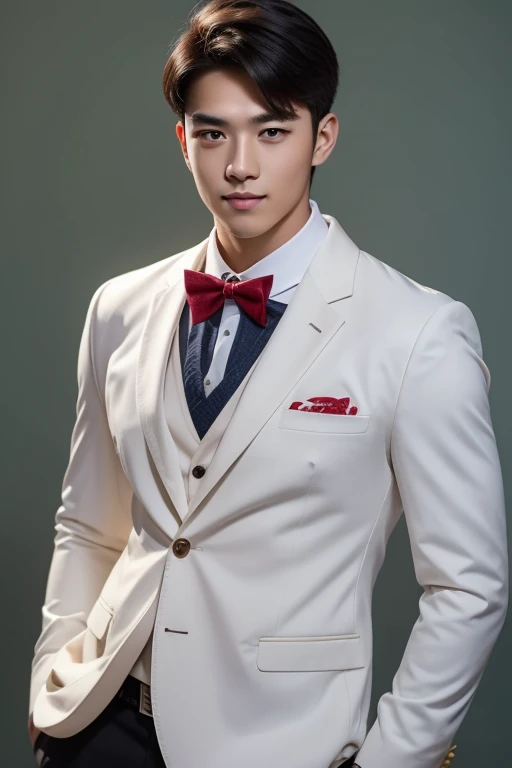 Handsome young man, wearing a school uniform, black hair, dark colored eyes, broad shoulders, masculine, hot, smirking, rich, fancy school background