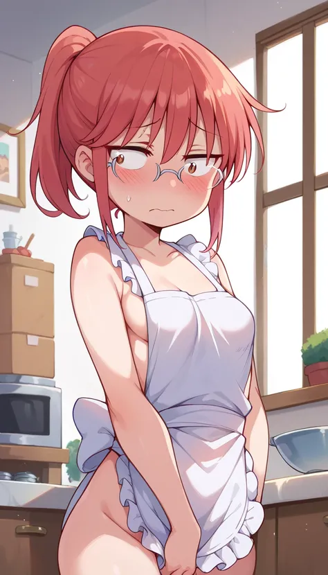 kobayashi \(maidragon\), 1girl, red hair, medium hair, ponytail, brown eyes, glasses, small breasts, red face, embarrassed, Ashamed, Suspender Naked Apron