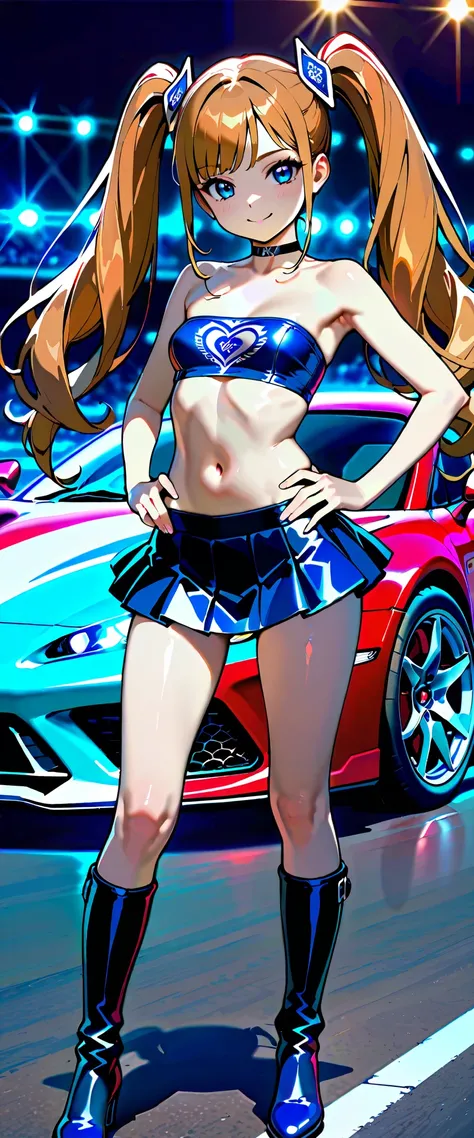  top quality,  super high resolution,  One person,   small breasts,  black choker, smile,  exposes shoulders,  focus only ,  Watch viewers,Fair skin,Car racing track, photon mapping,  very detailed background, K-pop Idol , depth of coverage, hair ornament,...