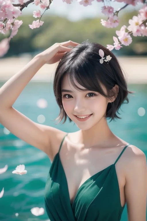 Beautiful and delicate portrait of a playful pretty girl with a short masculine hairstyle,  black hair, an emerald green sea,  mischievous smile , Dancing petals, ( top quality, Masterpiece,   ultra-realistic  )  flower petals floating in the background 