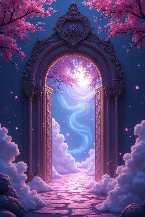  Store entrance with an arch decorated with stars,  magic, obscuro, purple, clouds, stained glass, Japanese cherry blossoms , video games 