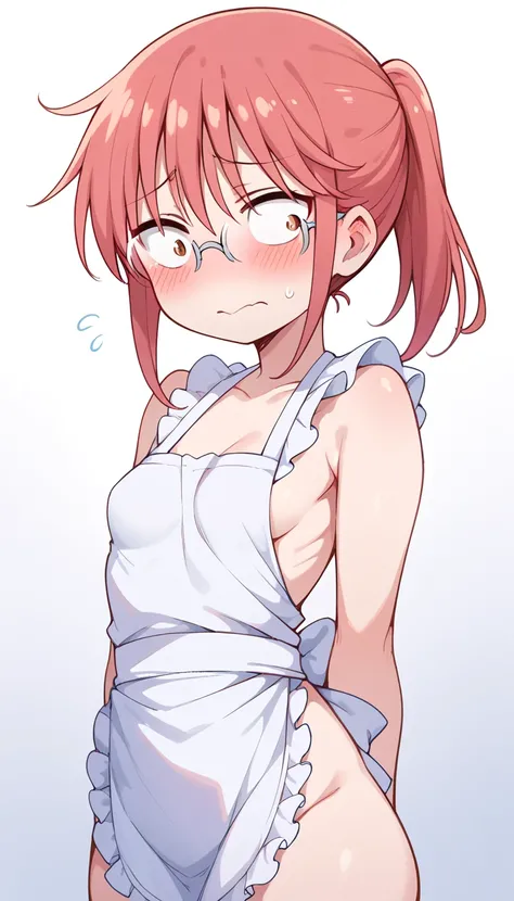 kobayashi \(maidragon\), 1girl, red hair, medium hair, ponytail, brown eyes, glasses, small breasts, red face, embarrassed, Ashamed, Suspender Naked Apron