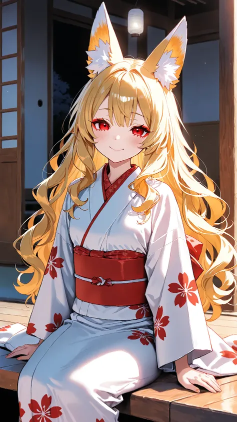  1 girl,    top quality， Great Quality， soft light ，Fox Ears， long shiny golden hair， wavy hair，Narrow eyes，Sharp Eye， red eyes，Eyes with highlights， red eyeliner， long lashes， red and white kimono ， old shrine background，evening，Pale Light，Ecstatic smile，...