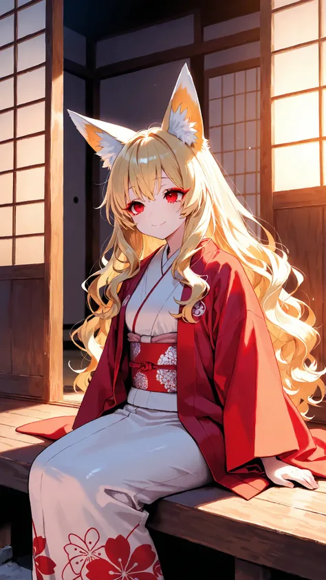  1 girl,    top quality， Great Quality， soft light ，Fox Ears， long shiny golden hair， wavy hair，Narrow eyes，Sharp Eye， red eyes，Eyes with highlights， red eyeliner， long lashes， red and white kimono ，evening，Pale Light，Ecstatic smile，Veranda， Old Houses，Jap...