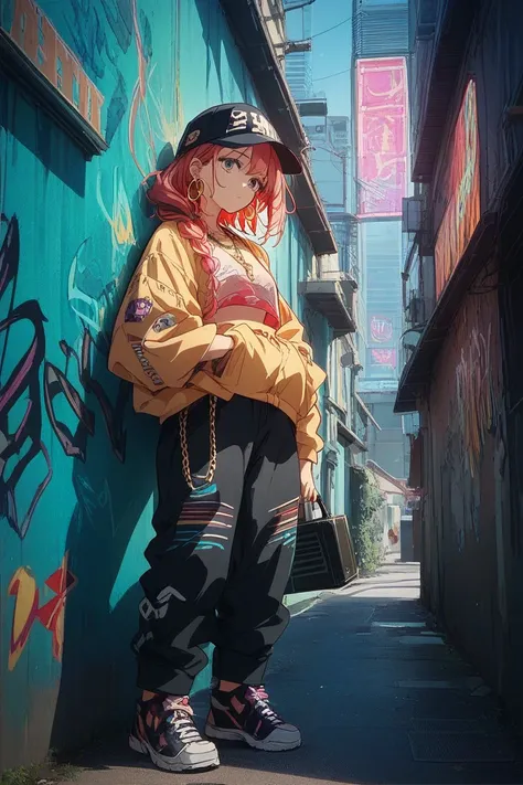  a pretty girl with an anime style and a love of hip hop。 with flowing hair framing her face。 a cropped hoodie with graffiti print、 wearing loose cargo pants、 wear high-top sneakers 。Gold hoop earrings、 Chain Necklaces 、 wearing a stylish cap turned backwa...