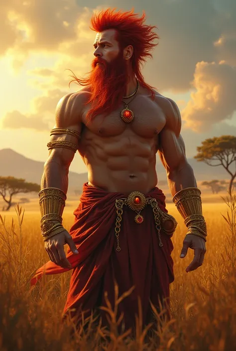 The second image is more closer to what I was thinking about but make sure you make the bracelets gold and make his hair red I also want you to put him in the African savanna make his eyes red as well