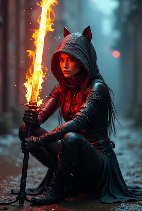 Cyber-Demonic futuristic Female Ronin, Biopunk aesthetic; dressed in form fitting futuristic ninja necro attire combining magic, technology and glowing neon runes, sitting down with a sword made from fire held above her head. The light from the sword illum...