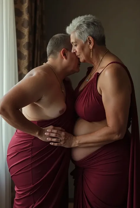 Curvy aged mommy with a maroon coloured low waist saree holding her sons head and guiding him to her waist making him to kiss it 4k image with curve definitions on her waist