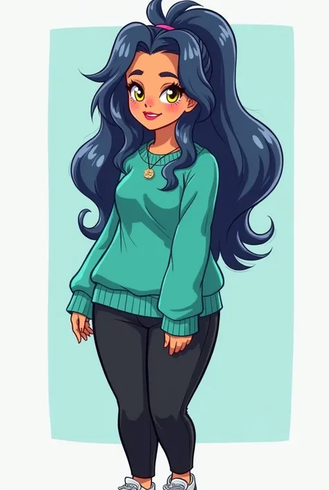  An equestria girls-style female character with yellow eyes, grapefruit-colored skin, very dark blue long hair and light blue locks .

Her clothing is a plus size turquoise green sweater and black pants with white sneakers