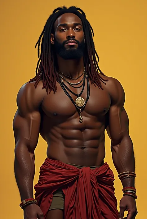 Okay this is literally almost perfect make his shoulders more muscular along with his body and make sure to keep him being black and give him dreadlocks also keep the fact that he's in Africa and I also want him to be African-American make sure he has a lo...