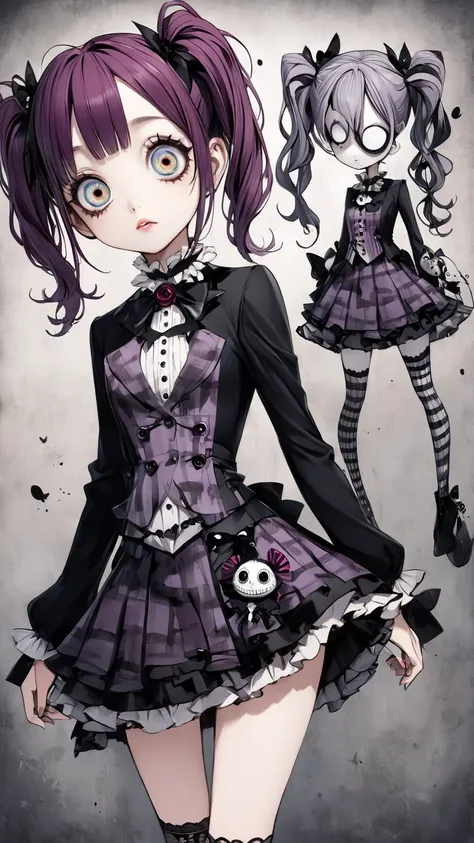  Tim Burton's style、  anime style、 miniskirt、 Twin Tails、