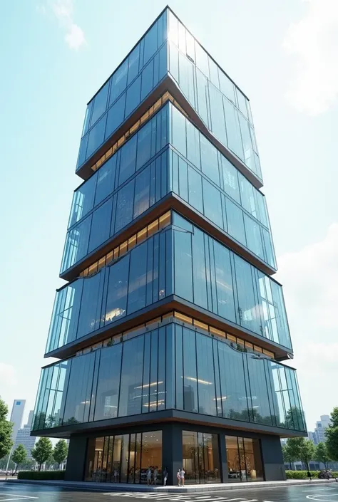 7 storey glass building with glass band solid front 