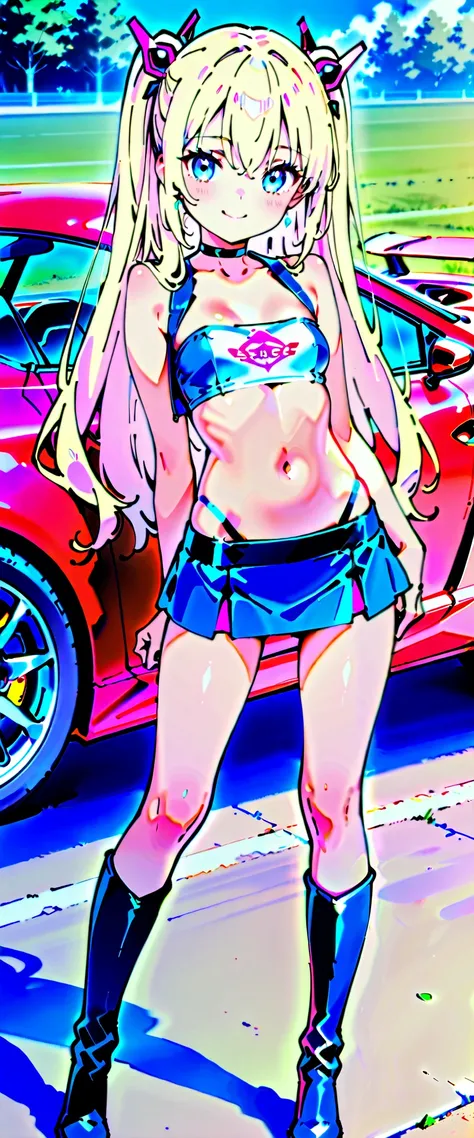  top quality,  super high resolution,  One person,   small breasts,  black choker, smile,  exposes shoulders,  focus only ,  Watch viewers,Fair skin,Car racing track, ,  very detailed background,, depth of coverage, hair ornament, detailed face,,whole body...