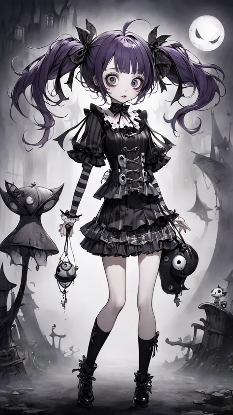  Tim Burton's style、  anime style、 miniskirt、 Twin Tails、