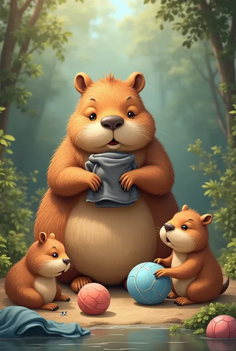 Mama CAPIBARA put the clothes and towels on and the three capybara ren prepared their balls and stuffed animals horizontally. 