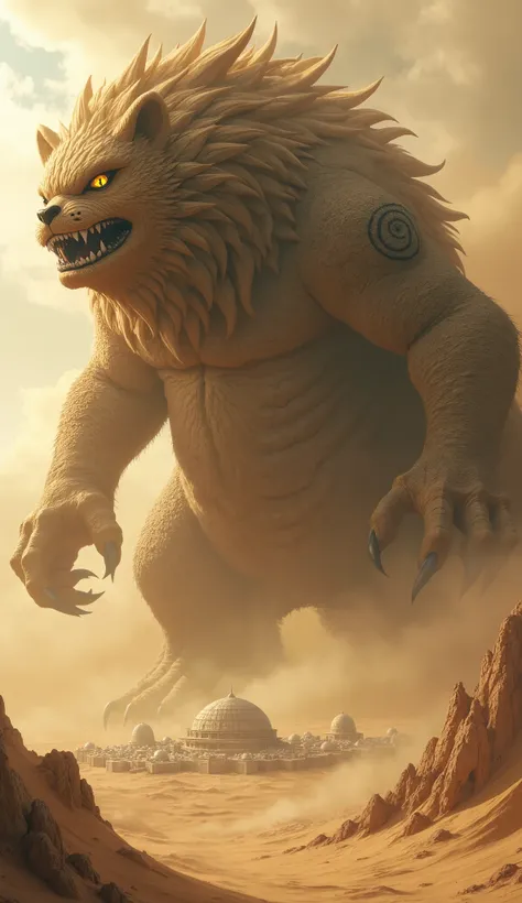 *From the world of Naruto, Shukaku, the One-Tail Beast, emerges as a colossal, hyper-realistic tanuki-like creature towering over the desert expanse of Sunagakure. Its body is covered in coarse, sandy-textured fur that appears gritty and dry, with intricat...