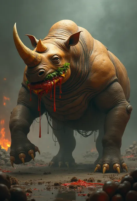  "Create an image of a hybrid creature, seamlessly combining features of a rhinoceros and a burger into a single, monstrous entity. The body should be a fusion of the rhinoceros’s thick, muscular frame and the elements of a burger, with the bun forming the...