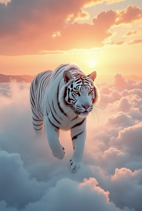  Korea's beautiful white tiger walks in the clouds,  There is a sunset in front of him  ,  fantasy magic , Korean Drama.