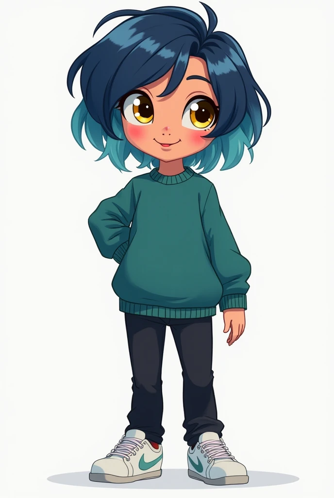 An equestria girls-style female character with yellow eyes, grapefruit-colored skin, very dark blue short hair and light blue locks.

Her clothing is a dark turquoise green sweater and black pants with white sneakers