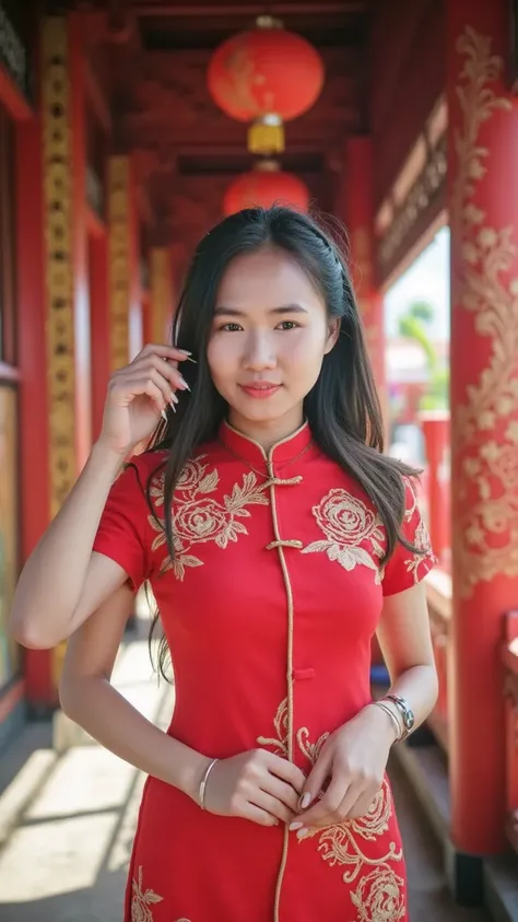 **Masterpiece, Ultra Detailed, Realism, Cinematic Quality**  
A stunning Thai idol, aged 18, exuding beauty and youthful confidence. She is wearing a striking red qipao (Cheongsam) with a high slit that elegantly reveals her toned legs, blending traditiona...