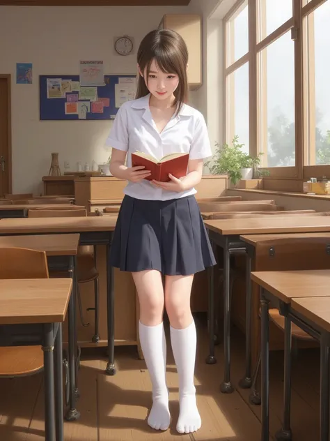   white high socks、uniform、  skirt  、 winter clothes
classrooms、 reading a book