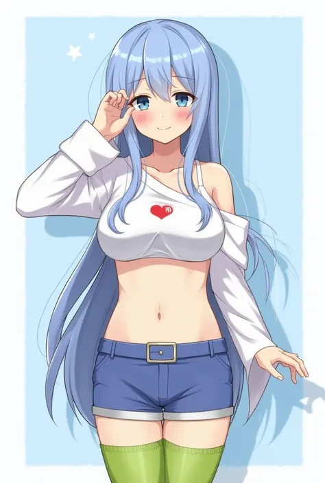 NSFW +18 Female body, boobs of a moderate size, Long blue hair with locks in front of the body and hair covering the forehead, Japanese blue eyes with a calm smile, Clothing that does not cover the shoulders and has a heart-shaped hole in the middle of the...