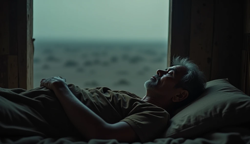 65 year old middle-aged man with typical rural Indonesian faces sleeping in a simple room, with a blurry background: He was in a vast, dark desert.