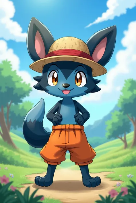 Pokemon Riolu with Goku pants and Luffy hat 