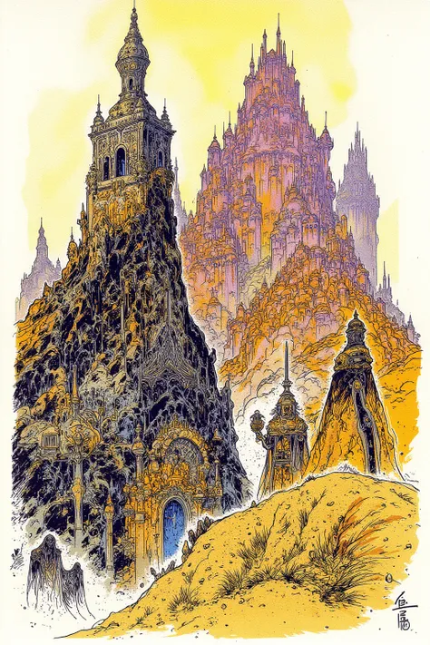 A traveler who overlooks the collapsed royal capital buried in the ashes of the burnt out world tree,A castle and castle town filled with sand and ash ,A collapsed tower that jumps out obliquely from a pile of ash , No vestiges of the ornate city of the pa...