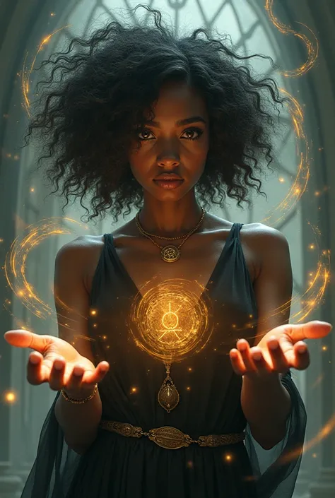 A young woman with a dark complexion and curly hair with her birth arcane strength, That is, the 8th card of the tarot 