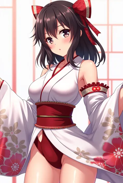 Ninja Akeno-Senpai in traditional white and red flared mini kimono, , big, red panties