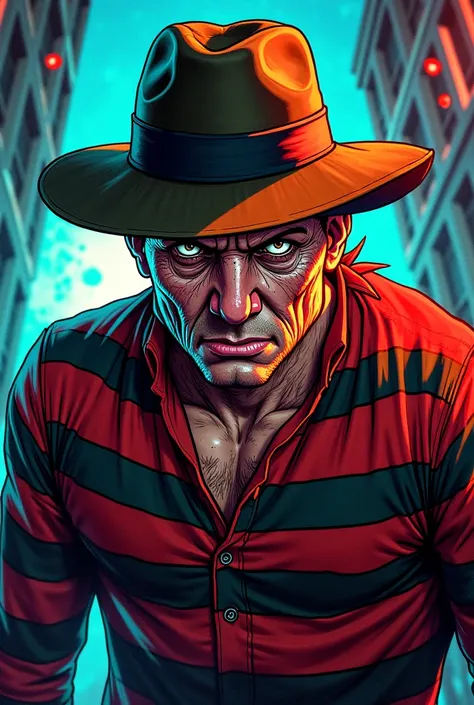 Draw the main character in a game called Freddy, a comic book man wearing a Freddy mask