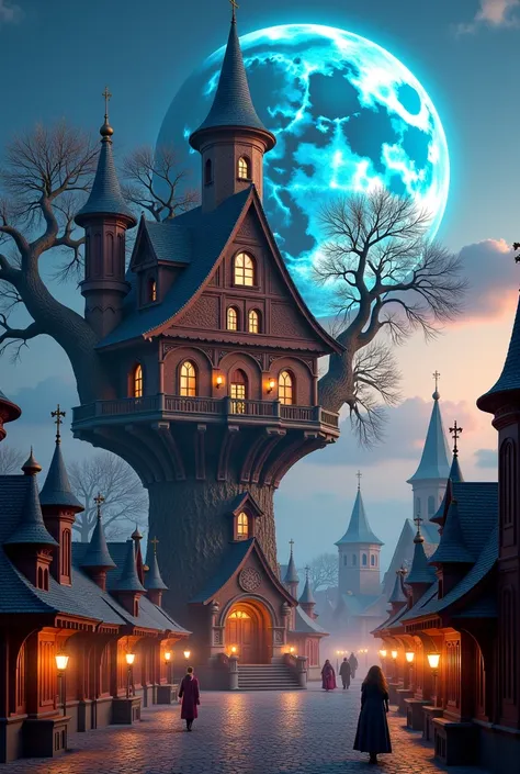 A tree-house castle, musical concert stage, in ancient Russia, town center background, Russia castle, blue moon in the dawn sky, giant moon, giant planet in sky