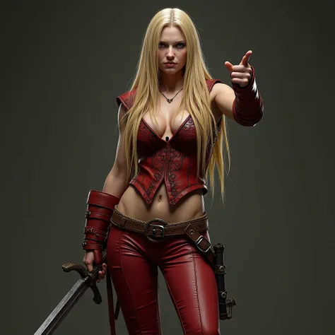 A realistic depiction of Manon Blackbeak.  Wide angle view. She has long, flowing wet golden blonde hair cascading over her shoulders. Tattered burnt Red leather filigree vest. Red leather pants with rope belt. Thigh-high buckled leather boots. Standing de...