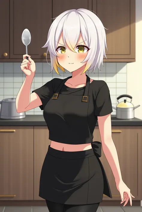 Messy's hair is white with a hint of yellow.

Black crop top and apron. 

Black tight shorts.

Blushing cheeks. Spoiled expression. 

Standing in the kitchen holding a soup spoon in front of him as if he was going to hit him.

