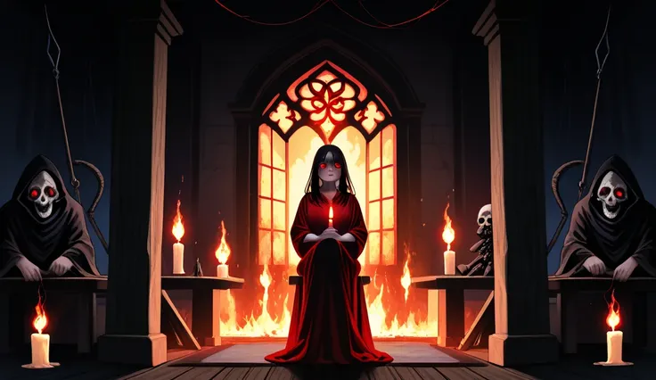 "A dark and eerie scene featuring a terrifying witch performing black magic at night. The witch has long, tangled black hair, pale cracked skin, glowing red eyes, and sharp, blood-stained fingernails. She is dressed in a tattered black and red robe, sittin...