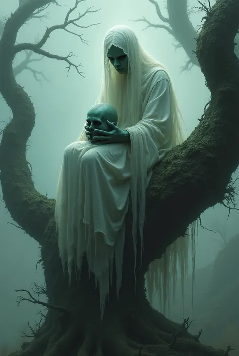 ghost healess on a tree with hold his head 