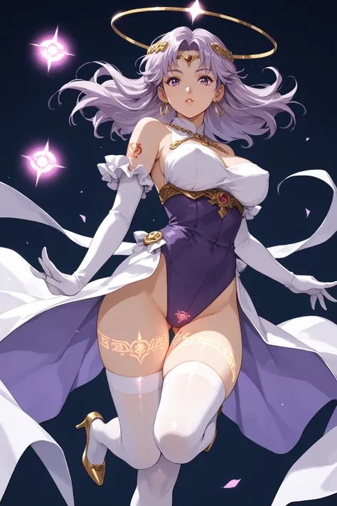 Score_9, score_8_up, score_7_up, source_anime, retro anime, rating_safe;; 1woman, solo, so2celine, Celine from star ocean;; (gold circlet floating around head:1.17), light purple hair, purple eyes, forehead mark, bare shoulders, elbow gloves, large breasts...