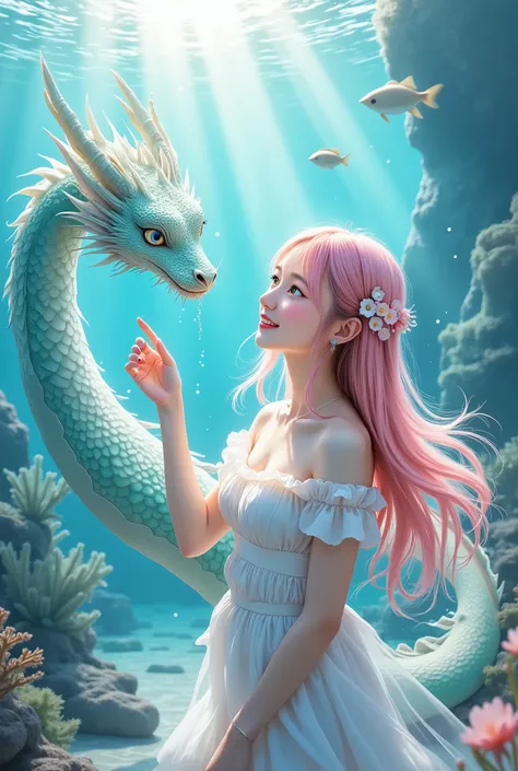 ultra-detailed, anime-style illustration, a beautiful pink-haired girl interacting with a water dragon, she has long flowing hair adorned with delicate ornaments/(her pink hair shines softly in the underwater light, flower and pearl-like accessories comple...