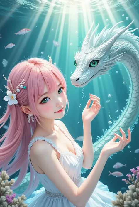 ultra-detailed, anime-style illustration, a beautiful pink-haired girl interacting with a water dragon, she has long flowing hair adorned with delicate ornaments/(her pink hair shines softly in the underwater light, flower and pearl-like accessories comple...