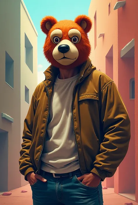 A cool adult man wearing a bear mask with a cartoon-like picture