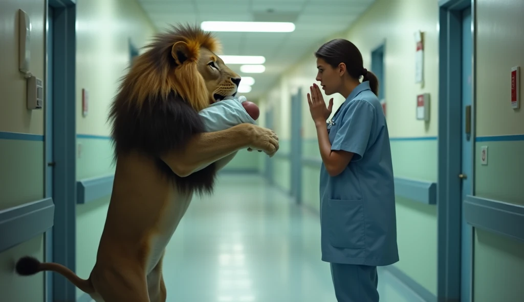 Hospital Corridor with Lion
Background settings: A hospital hallway with medical rooms on either side and soft overhead lighting.
Foreground: The lion stands on its hind legs, gently holding a wrapped baby in its mouth, while the nurse stares at it, stunne...