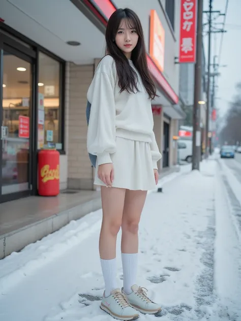     white high socks、shoes、 skirt    、  winter clothes
convenience store