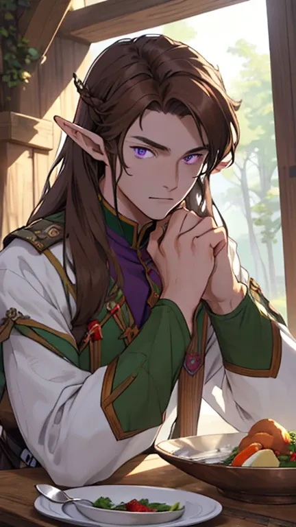 ( masterpiece),  best quality angle,  High quality cutlery, 1 boy, rosto beautiful, beautiful, sunlight, elf ears,  pointy ears , beautiful,  brown hair ,   long hair,  purple eyes ,  soldier clothes,  Upper body, seabed,  looking directly at ,  purple eye...