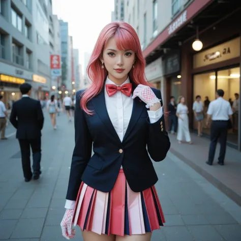 
A professional photo inspired by the 1980s Japanese city pop era. The image features a Japanese woman exuding elegance and confidence in a retro-style outfit. She wears a tailored dark blazer with vibrant pink accents, including a bowtie and cuffs, paired...